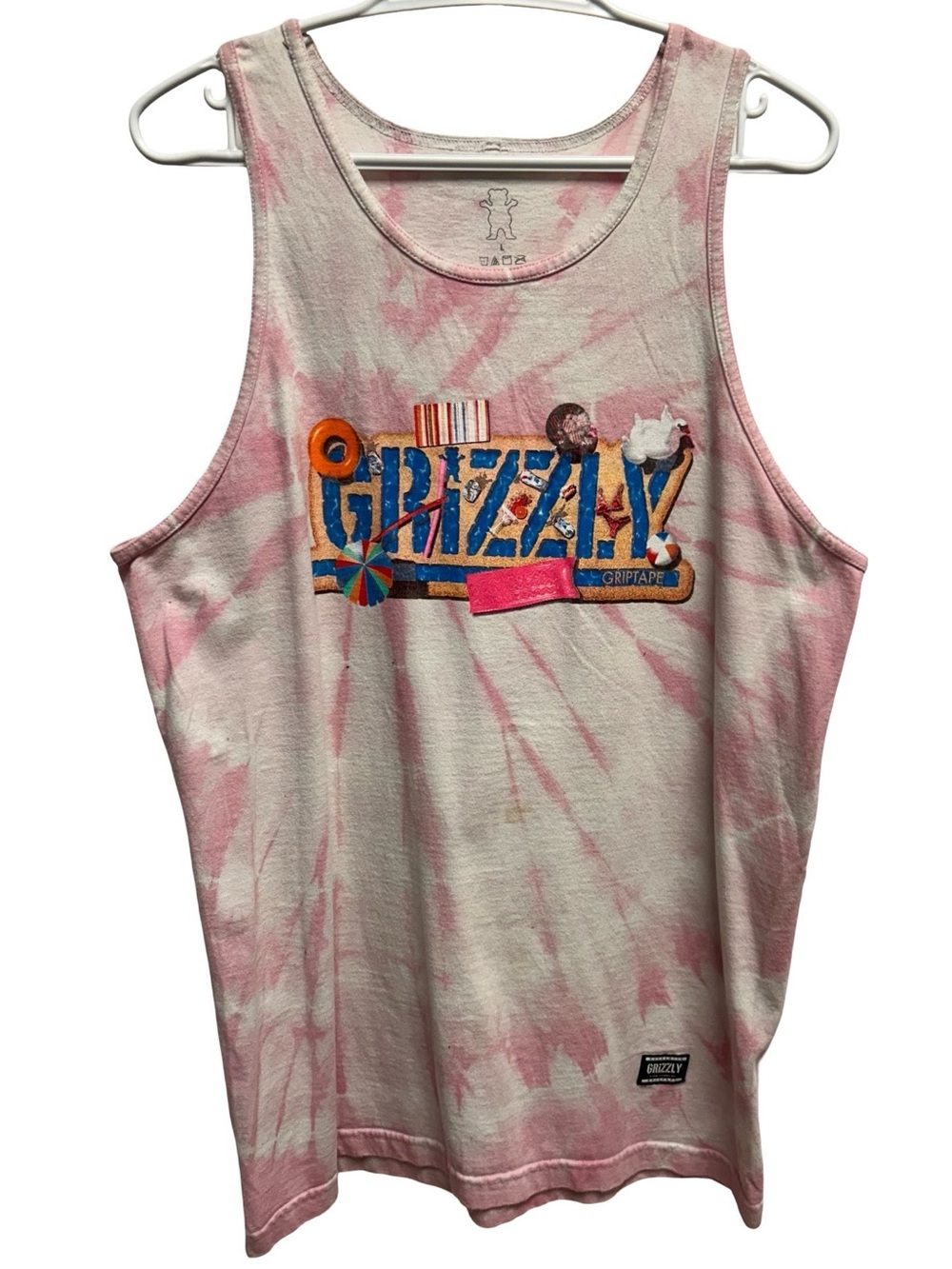 GRIZZLY GRIP TAPE pink and white tie-dye tank top with a PABST BLUE RIBBON beach